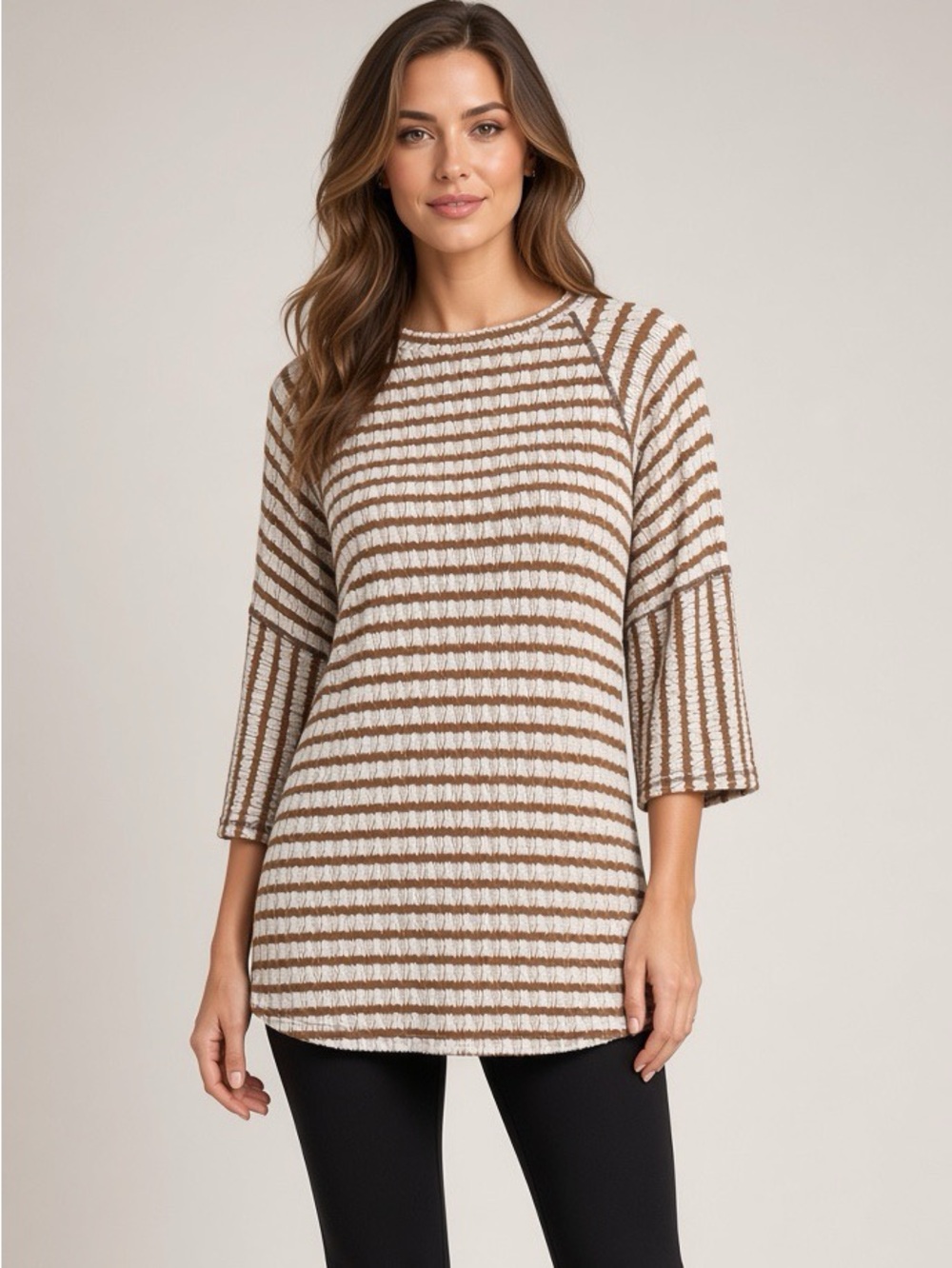Women’s Striped Knit Pullover Knit Top - White and Camel